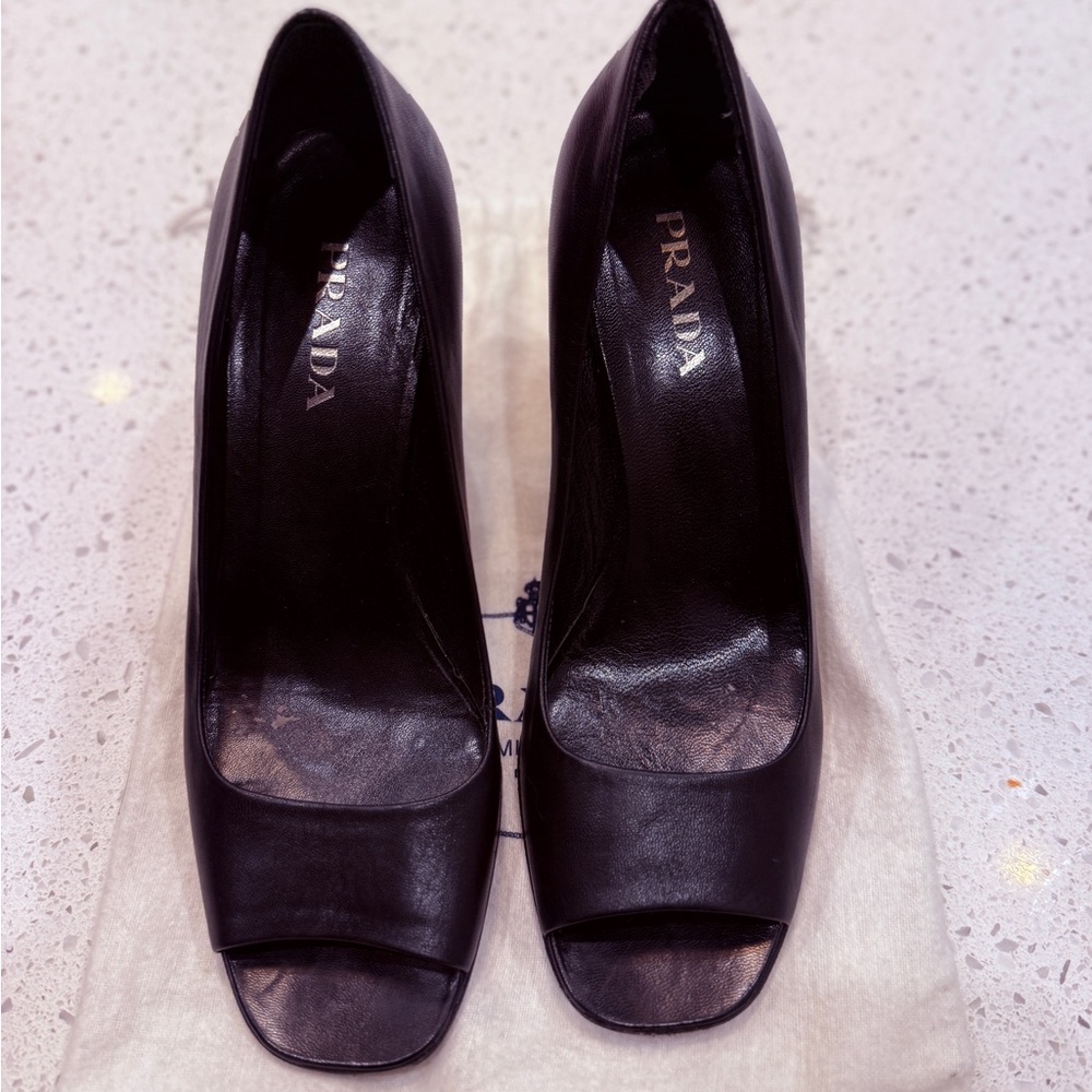 🖤🖤Prada Black Leather Peep-Toe Heels EU 37.5 | 3.25” Heel | Resoled | Dust Bag